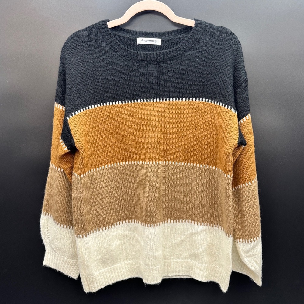 Angashion Colorblock Striped Oversized Crew Neck Knit Sweater Black Tan Small